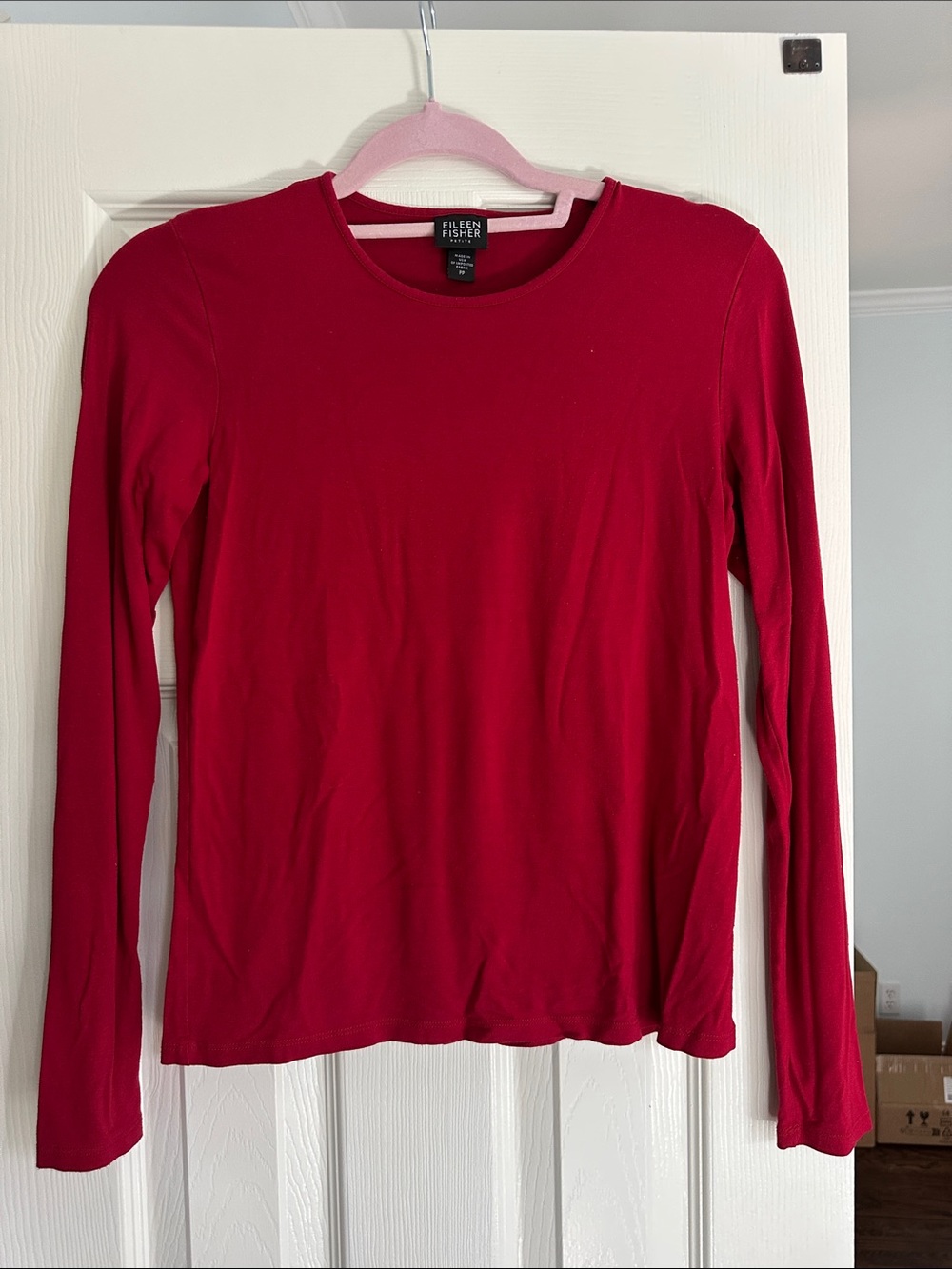 Eileen Fisher Crimson Red Long-Sleeve Crewneck Top SP